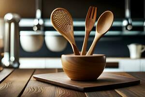wooden utensils in a bowl on a wooden table. AI-Generated photo