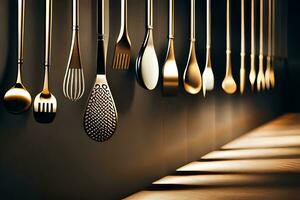 a row of utensils hanging from the wall. AI-Generated photo