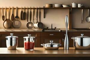a kitchen with pots and pans on a counter. AI-Generated photo