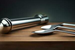 a knife, fork and spoon on a wooden table. AI-Generated photo