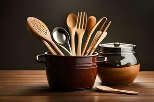 wooden utensils in a pot on a table. AI-Generated photo