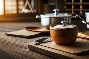 a wooden table with a pot and spoon on it. AI-Generated photo