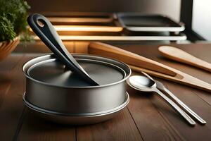 a pan with a lid and utensils on a table. AI-Generated photo