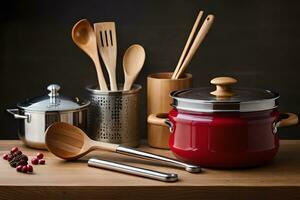 a red pot, wooden utensils and a wooden spoon. AI-Generated photo