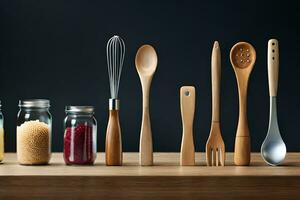 a collection of wooden utensils on a table. AI-Generated photo