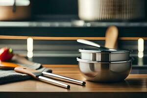 a kitchen counter with two stainless steel bowls and a wooden cutting board. AI-Generated photo