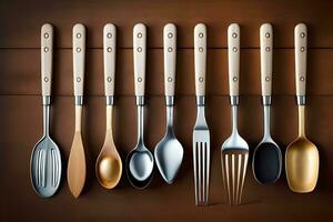 a row of spoons and forks on a wooden table. AI-Generated photo