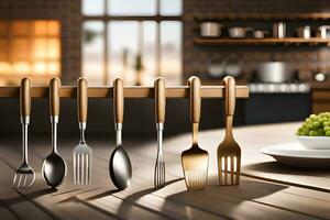 a row of forks and spoons on a wooden table. AI-Generated photo