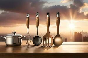 kitchen utensils on wooden table with city skyline in background. AI-Generated photo