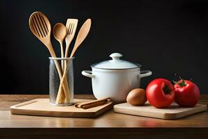 cocina utensilios en de madera corte tablero. generado por ai foto