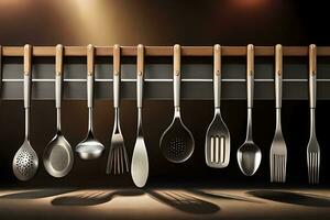 a rack of utensils hanging on a wall. AI-Generated photo