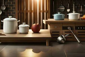 a kitchen with pots and pans on a counter. AI-Generated photo