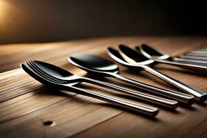 a group of four silver spoons and forks on a wooden table. AI-Generated photo