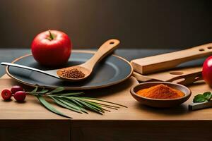 apples, spices and herbs on a wooden table. AI-Generated photo