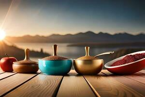 colorful bowls and spoons on a wooden table. AI-Generated photo