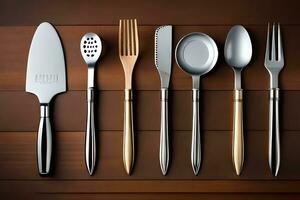 a set of silver and gold utensils on a wooden table. AI-Generated photo