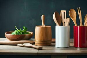 a wooden utensil set on a table. AI-Generated photo