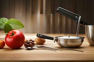 a kitchen utensil with a tomato, pepper and other vegetables. AI-Generated photo