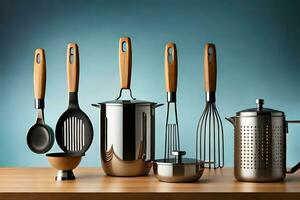 a collection of kitchen utensils on a table. AI-Generated photo