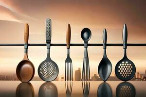 a group of utensils are hanging on a wire. AI-Generated photo