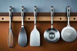 a group of four different utensils hanging on a wall. AI-Generated photo