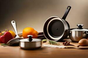 stainless steel cookware on a wooden table. AI-Generated photo