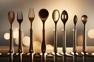 a row of silver spoons and forks on a table. AI-Generated photo