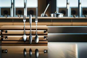 a stack of silverware and a knife on a table. AI-Generated photo