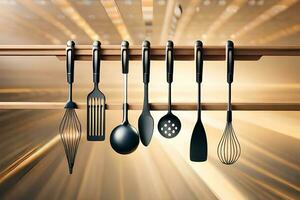 a rack with several utensils hanging on it. AI-Generated photo