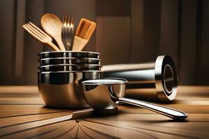 a set of silverware and utensils on a wooden table. AI-Generated photo