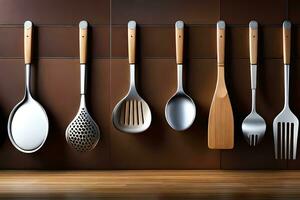 a row of kitchen utensils are hanging on a wall. AI-Generated photo