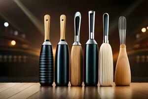 a group of four wooden utensils on a wooden table. AI-Generated photo