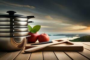 a stack of pots and pans on a wooden table. AI-Generated photo