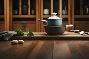 un cocina con ollas y sartenes en un de madera mesa. generado por ai foto