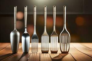 five different utensils are lined up on a wooden table. AI-Generated photo
