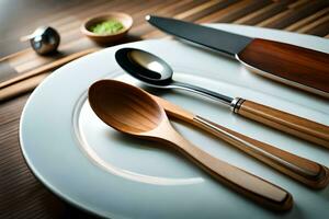 a set of wooden spoons and forks on a white plate. AI-Generated photo