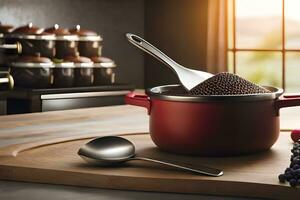 a red pot with a spoon and a bowl on a cutting board. AI-Generated photo