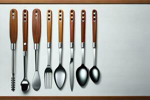 un conjunto de cucharas y tenedores en un de madera tablero. generado por ai foto