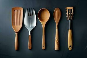 five wooden utensils on a black background. AI-Generated photo