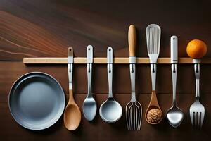 a group of utensils and an orange on a wooden shelf. AI-Generated photo