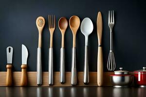 a group of utensils are arranged on a wooden shelf. AI-Generated photo