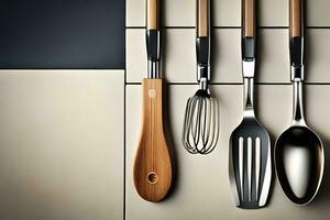 a group of four utensils are lined up on a tile floor. AI-Generated photo