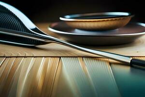 a spoon and a bowl on a table. AI-Generated photo