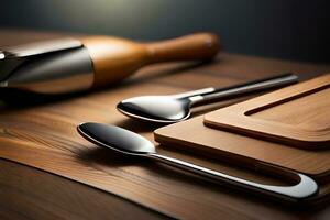 a wooden cutting board with a knife, spoon and spatula. AI-Generated photo