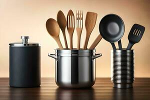 a set of utensils in a pot and a container. AI-Generated photo