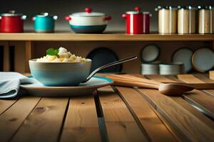 a bowl of mashed potatoes sits on a table. AI-Generated photo