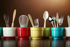 a row of colorful cups with utensils in them. AI-Generated photo