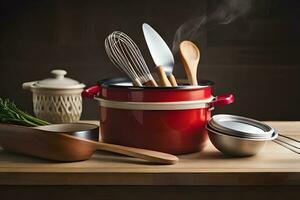 un rojo maceta con utensilios y especias en un mesa. generado por ai foto