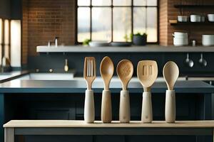 five wooden spoons sitting on a wooden bench. AI-Generated photo