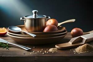 a wooden bowl with a silver spoon, a wooden spoon, and a bowl of eggs. AI-Generated photo